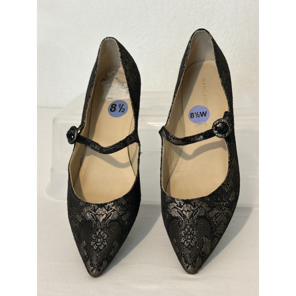 Marc Fisher Womens‎ 8.5Stormy Flats Mary Jane Jacquard Black Gold Pointed Toe - Picture 6 of 7